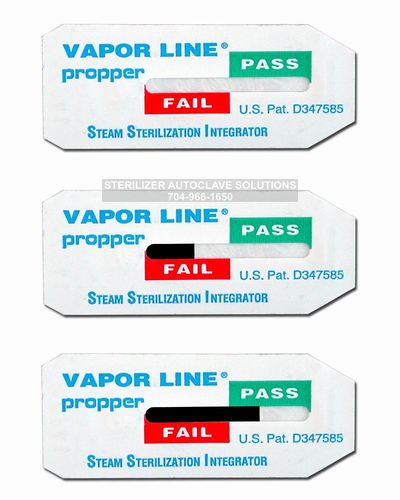 This is set of Propper Vapor Line Steam Sterilization Type 5 Indicators showing different levels of pass/fail indication.