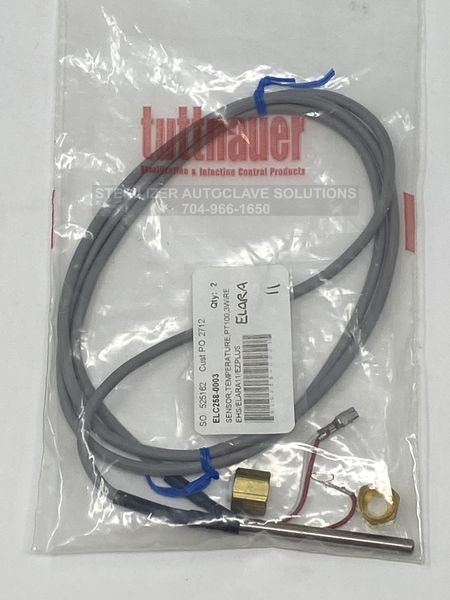 This is the front of a Tuttnauer Temp Sensor (PT-100) 3 Wire for BacSoft OEM Part #01610501 in the package.