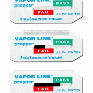 This is set of Propper Vapor Line Steam Sterilization Type 5 Indicators showing different levels of pass/fail indication.