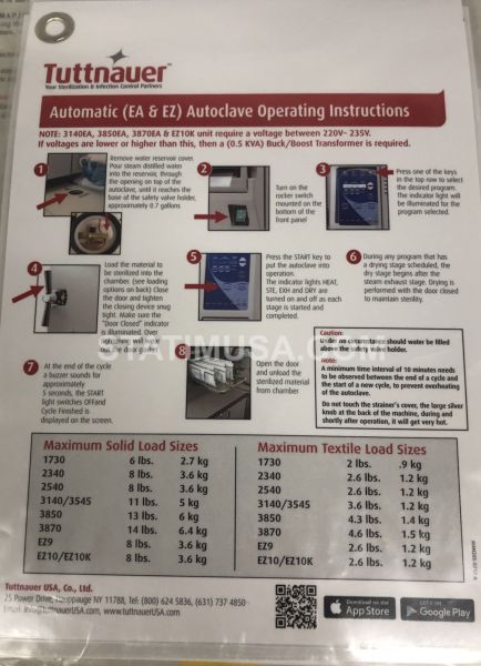 Tuttnauer 3870eap Autoclave Operating Instructions