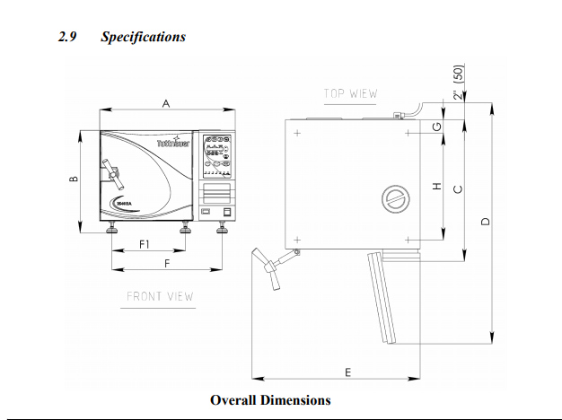 Dimensions for the Tuttnauer 3870eap