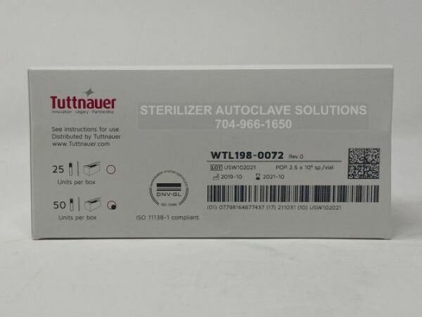 This is the back view of a box of Tuttnauer Ultra Rapid Biological Indicators OEM WTL198-0072