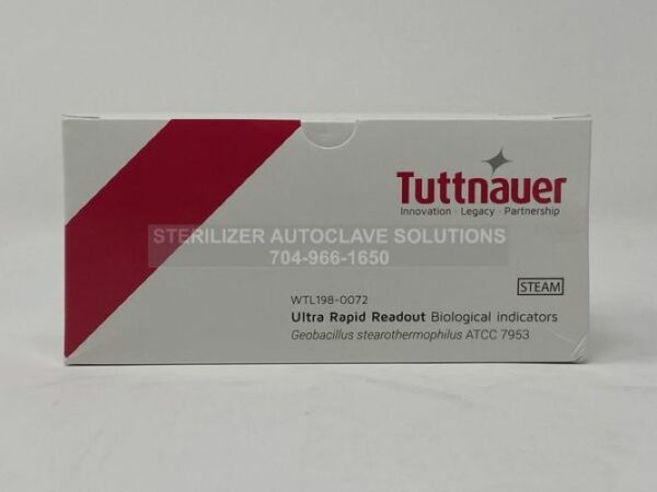 This is the front view of a box of Tuttnauer Ultra Rapid Biological Indicators OEM WTL198-0072