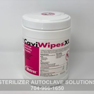A container of Metrex CaviWipes XL Disinfectant Towelettes C-CWXL-65 (65 XL wipes)
