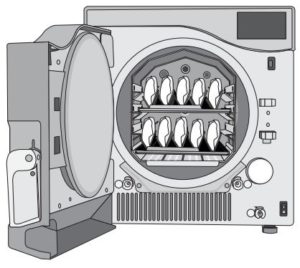 A Scican Statclave G4 chamber autoclave with a full rack of wrapped instruments