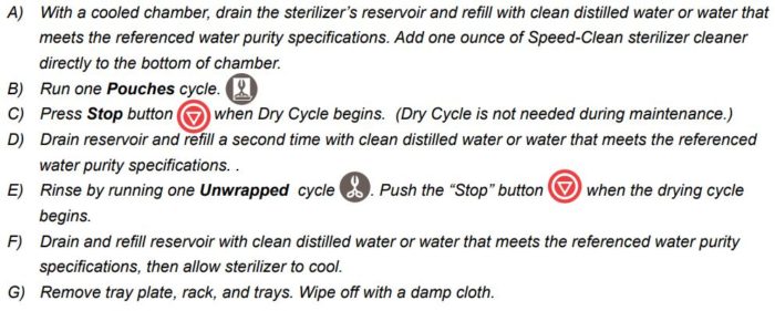 Explanation of the proper procedures for cleaning the chamber and plumbing in this Midmark Ritter autoclave