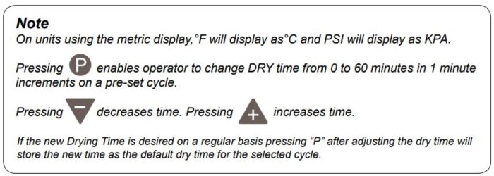 A note from Midmark explaining the display on metric units and some cycle parameters