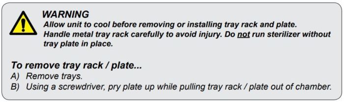 A warning informing that you must allow tray rack and plate to cool before removing