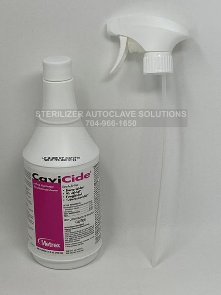 A 24oz bottle of Metrex CaviCide surface disinfectant decontaminating Cleaner with the included spray nozzle.