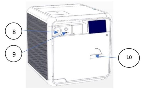 This shows the position of the Tuttnauer T-Edge's Air Filter, USB Socket, and Door Handle.
