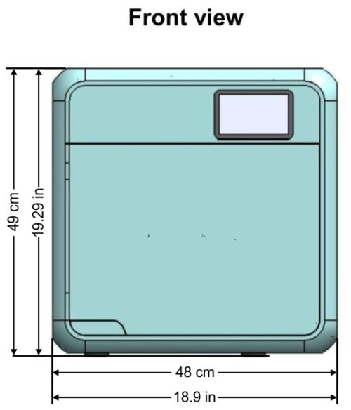 This is the front view of the Tuttnauer T-Edge showing the overall dimensions