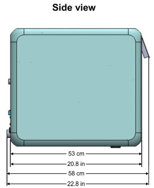 This is the side view of the Tuttnauer T-Edge showing the overall dimensions