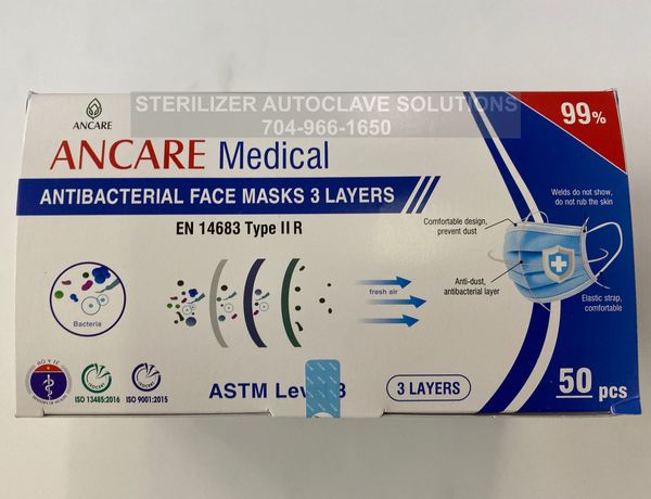 The front view of a box of Ancare Medical surgical grade 3-ply antibacterial face masks