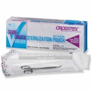 This is a box of Crosstex Sure Check Sterilization Pouches with an instrument displayed inside one of the pouches.