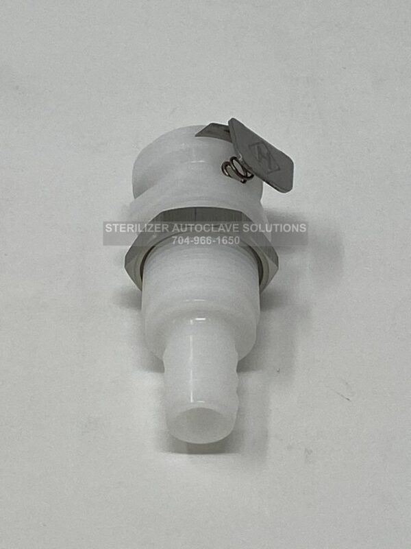 This is a NEW Tuttnauer ELARA Drain Valve Housing OEM VLV170-0013 showing outflow end