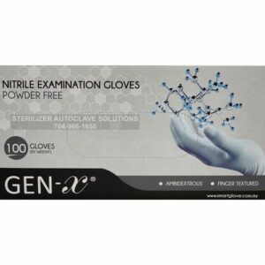 This is the top of a box of Gen-X Nitrile Exam Gloves.