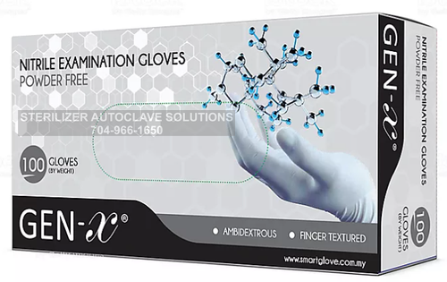 This is the front view of a box of Gen-X Nitrile Exam Gloves.