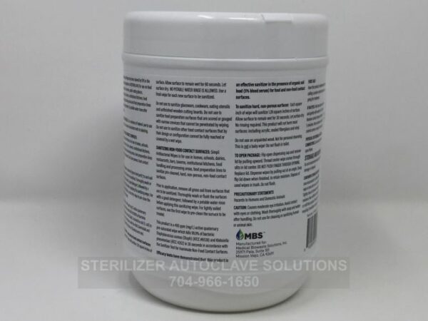 This is the back of a cannister of MBS Simpli Antibacterial Wipes