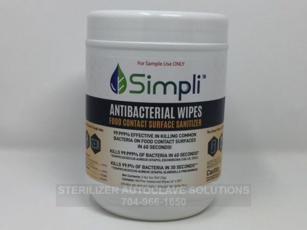 This is the front of a cannister of MBS Simpli Antibacterial Wipes