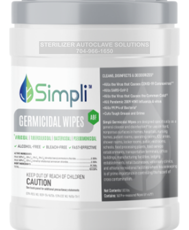 This is a cannister of MBS Simpli Germicidal Wipes ABF