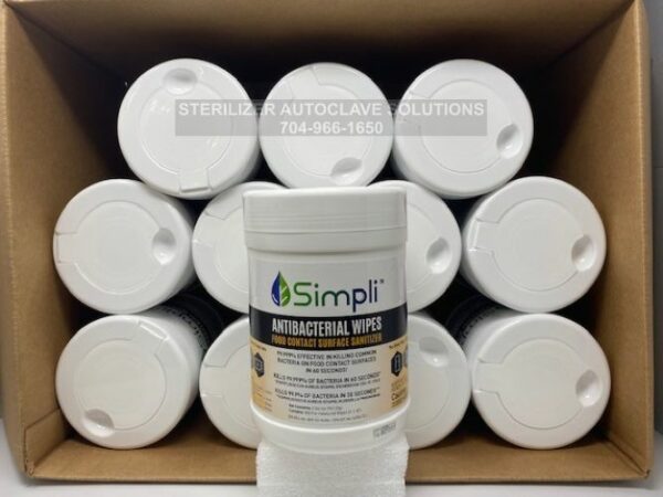 This is a case of 12 cannisters of MBS Simpli Antibacterial Wipes