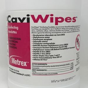 The front of a container of Metrex CaviWipes Disinfectant 6” x 6.75” Towelettes