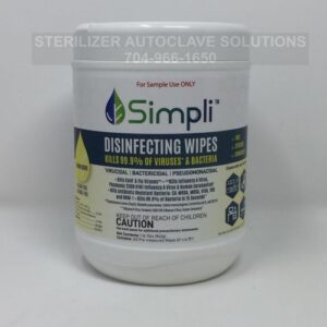 This is a cannister of MBS Simpli Lemon Scent Disinfecting Wipes front view