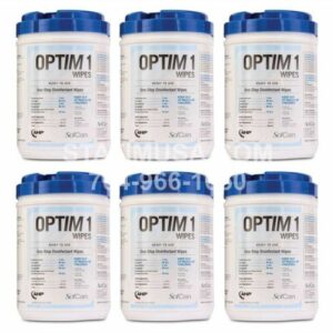 6 Cans of Optim1 6" x 7" disinfectant wipes.