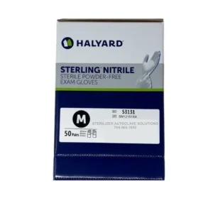 A box of 50 pair of size Medium Halyard Sterling Sterile gloves #53131.