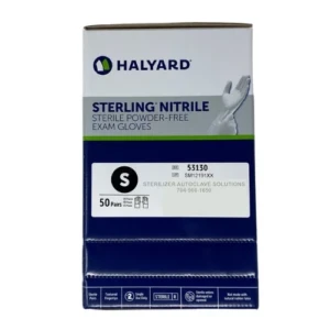 A box of 50 pair of size Small Halyard Sterling Sterile gloves #53130.