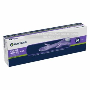This is a box of 150 Halyard Purple Nitrile MAX Exam Gloves Size Medium 44993