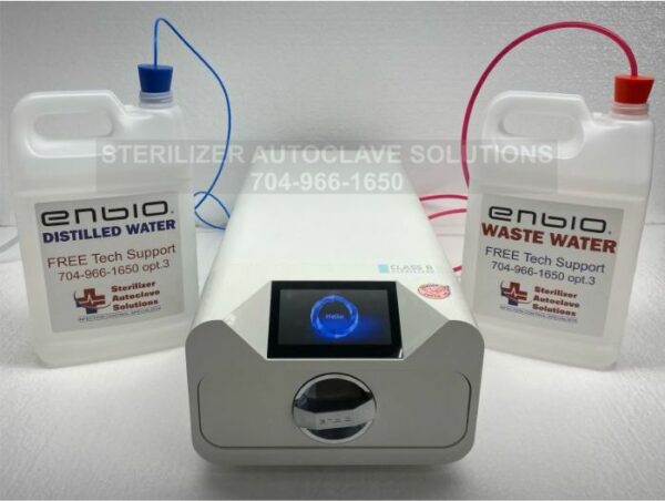 Enbio S Automatic Cassette Sterilizer complete setup with Distilled Water and Waste Water Bottles.