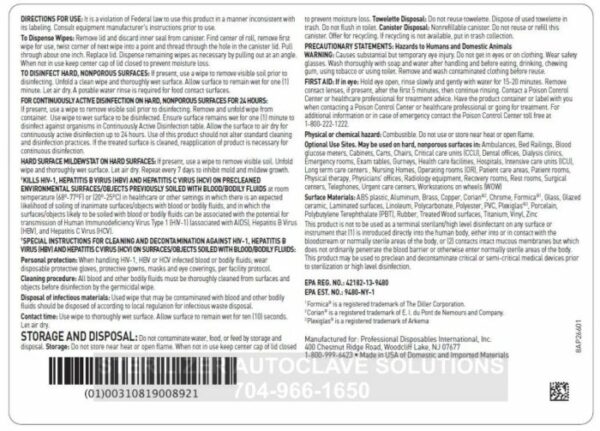 This is the back label for a can of 160 PDI Sani-24 Germicidal Wipes.