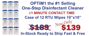 Cases of Optim1 10"x10" RTU Wipes are on sale.