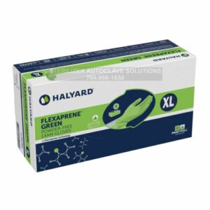 This is a BOX of 180 X-LARGE Halyard FLEXAPRENE* GREEN Exam Gloves 44796.