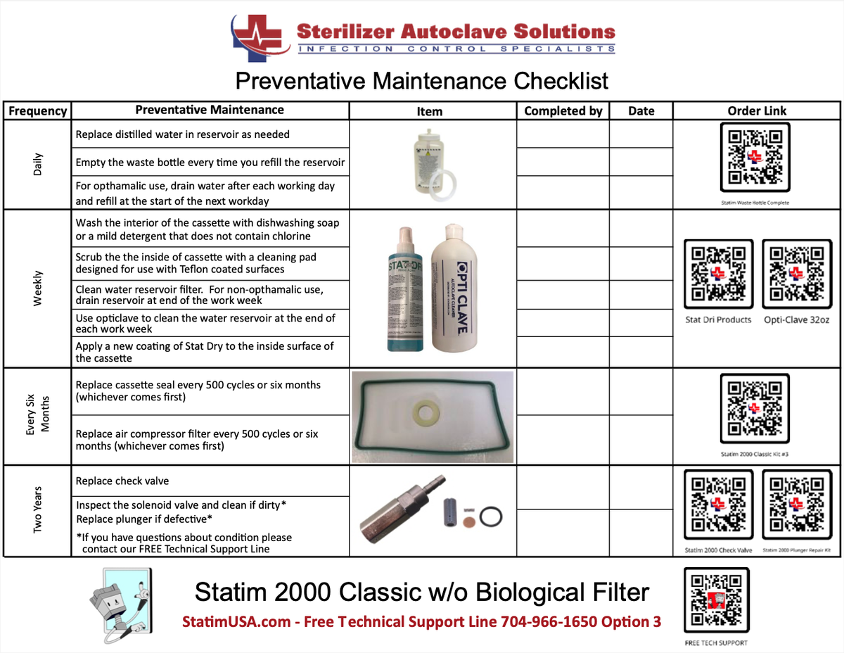 Statim 2000 Classic PM Kit Checklist without Bio FIlter
