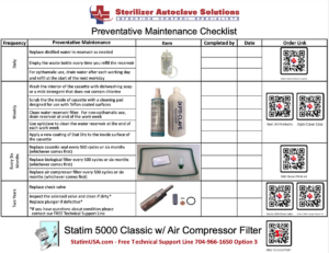 Statim 5000 Classic PM Kit Checklist with Air FIlter checklist sheet