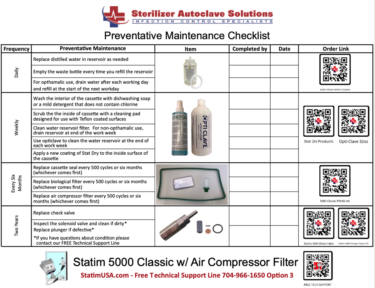 Statim 5000 Classic PM Kit Checklist with Air FIlter checklist sheet