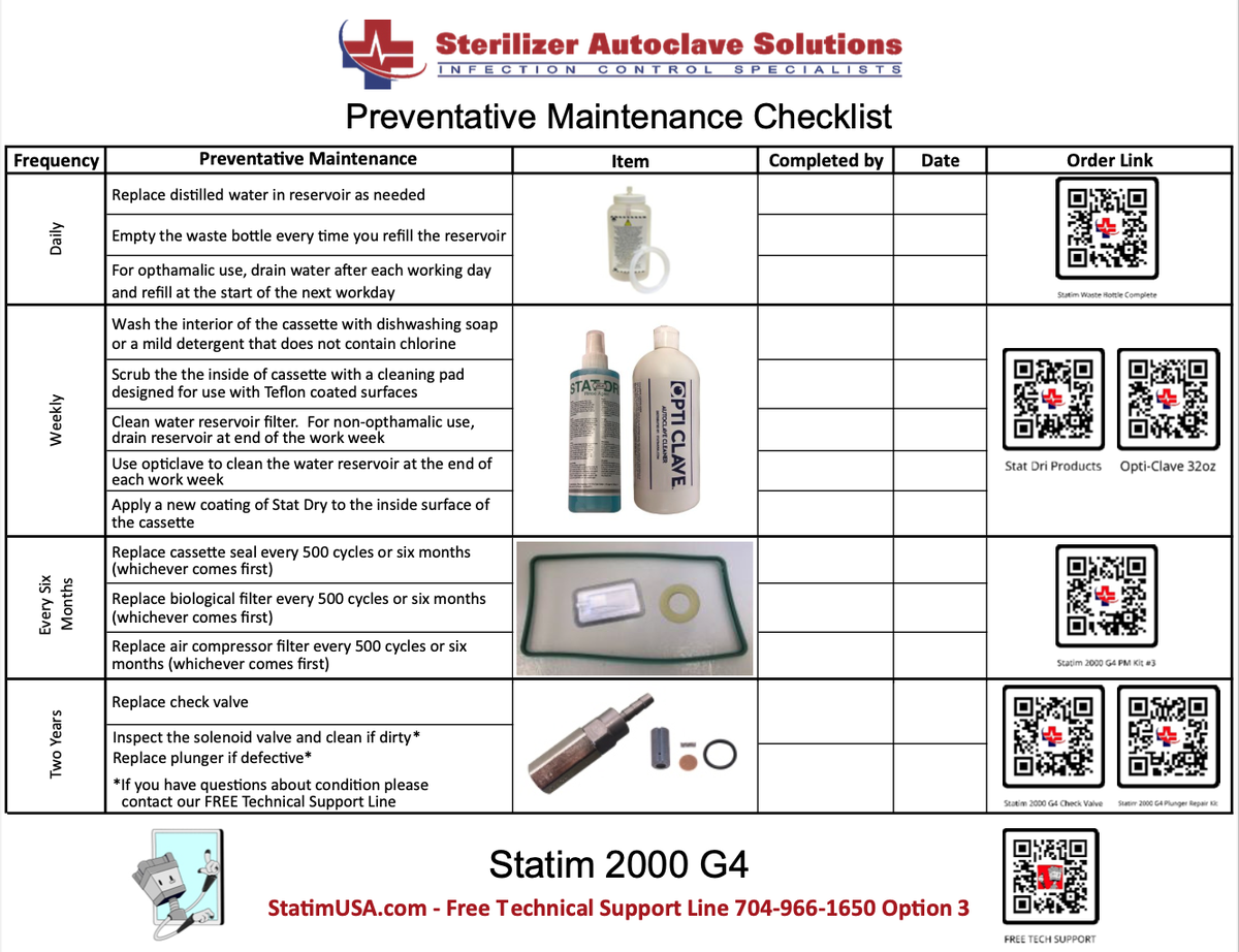 Statim G4 2000 PM Kit checklist sheet