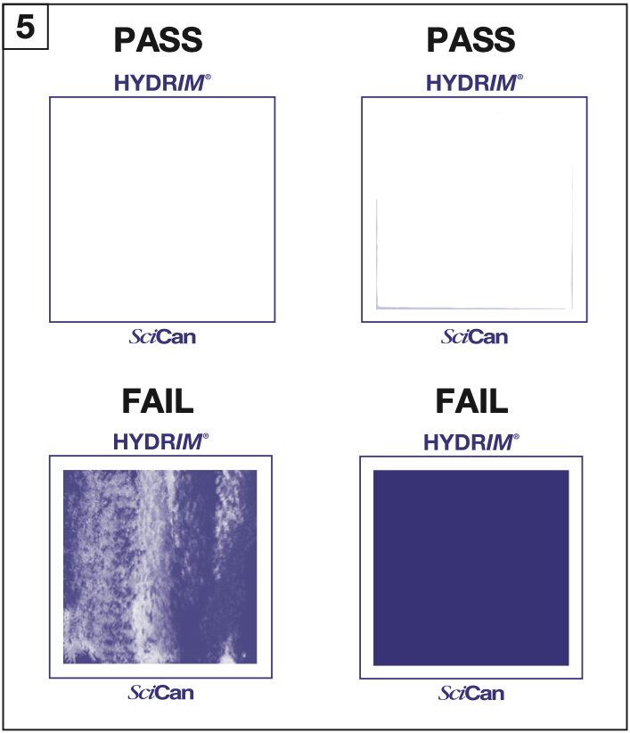 These are the pass and fail indicators on Hydrim's Wash Test Indicators