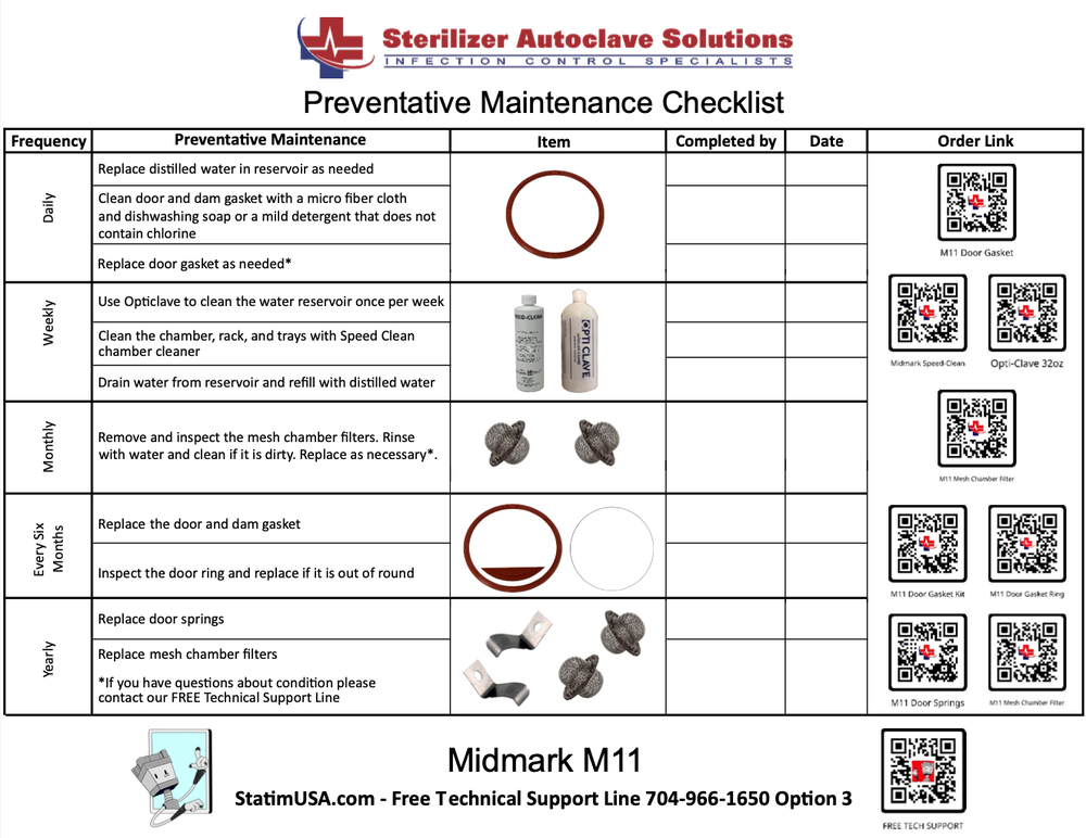 This is the updated preventative maintenance checklist for the Midmark M11 autoclave.