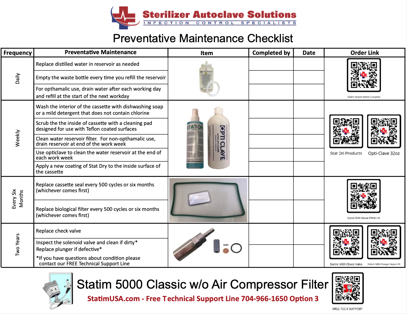 Statim 5000 Classic PM Kit Checklist without Air FIlter checklist sheet