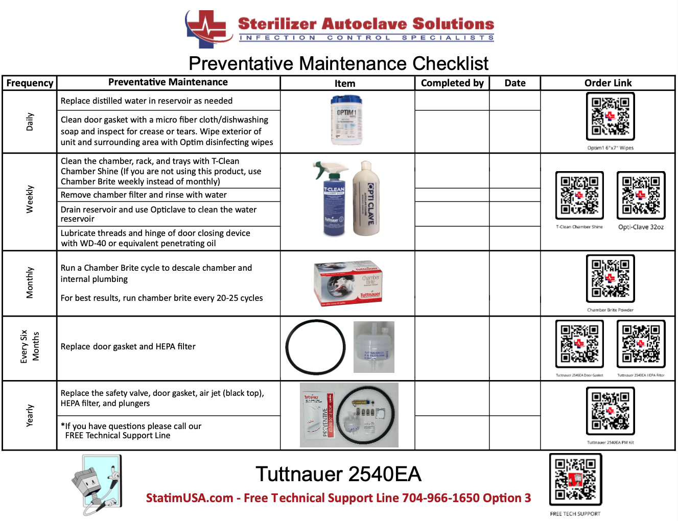 Tuttnauer 2540EA PM Kit Checklist