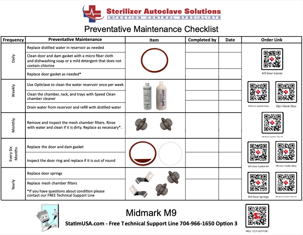 This is the updated preventative maintenance checklist for the Midmark M9 autoclave.