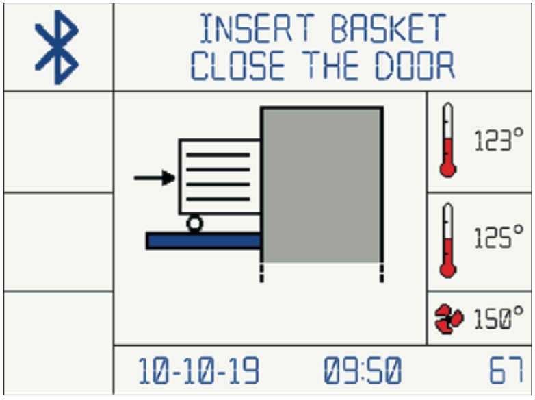This graphic shows to insert basket and close the door on the Tiva 8-L.