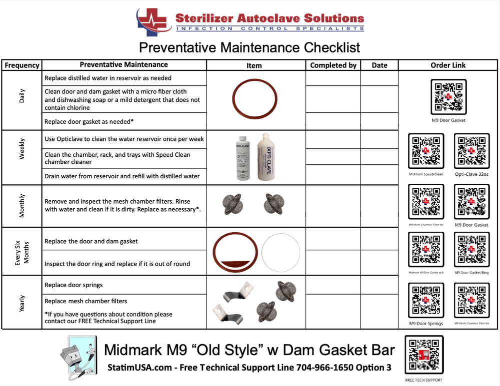 This is the updated preventative maintenance checklist for the Midmark M9 Old Style autoclave with the Dam Gasket Bar.