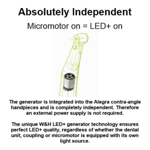The generator is integrated into the Alegra contra-angle handpieces and is completely independent. Therefore an external power supply is not required. The unique W&H LED+ generator technology ensures perfect LED+ quality, regardless of whether the dental unit, coupling or micromotor is equipped with its own light source.