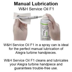W&H Service Oil F1 in a spray can is ideal for the perfect manual lubrication of Alegra turbine handpieces. W&H Service Oil F1 cleans and lubricates your Alegra turbine handpiece and guarantees trouble-free use.