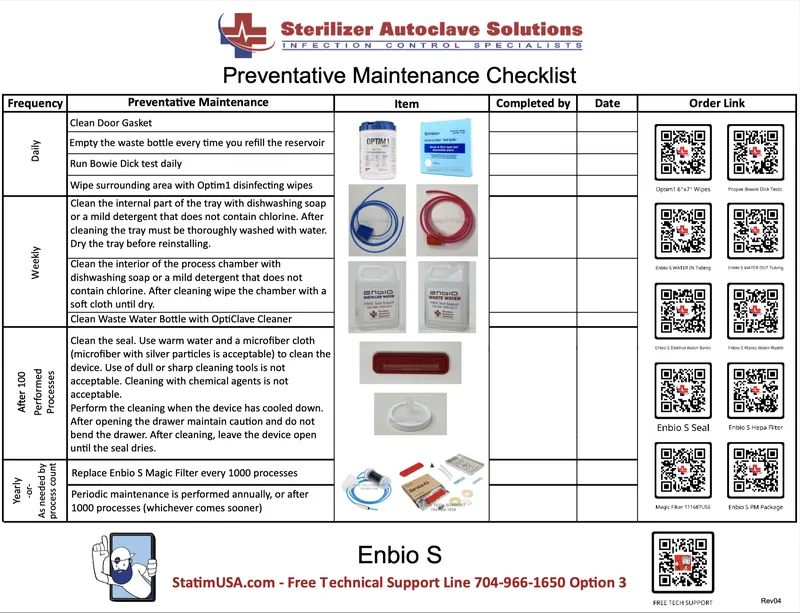 This is a revised version of a preventative maintenance checklist for the Enbio S steam sterilizer. 