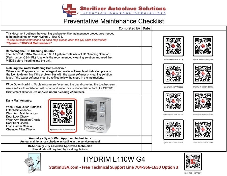 This is the SciCan Hydrim L110W G4 PM Checklist.